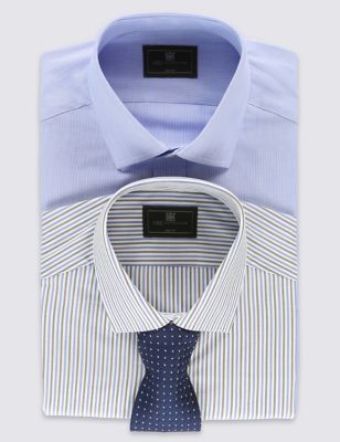 2 Pack Easy to Iron Slim Fit Striped Shirts with Tie